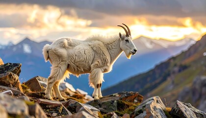 Majestic mountain goat stands proud against a breathtaking sunset backdrop.