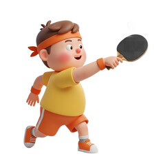 A 3D rendered cartoon boy enthusiastically playing table tennis.