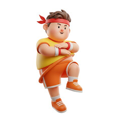 A cartoon boy with a red headband and orange shorts is exercising with a hula hoop around his waist.