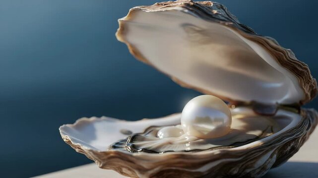 Beautiful pearl inside open oyster shell on serene water background