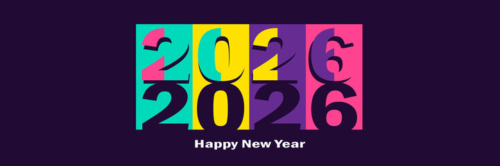 Happy New Year 2026 text in bright colors against a dark background. Logo for cards, posters.
