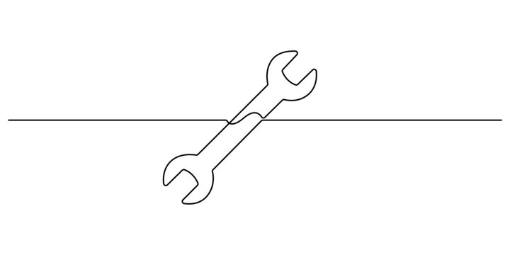 Mechanical wrench in one continuous line drawing black color isolated on white background. Style of self drawing, Adjustable wrench continuous one line drawing vector illustration