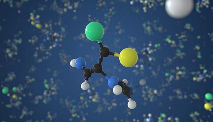 Thiabendazole molecule model on blue background showcasing chemical structure
