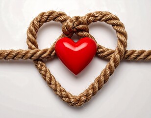 A heart-shaped knot of tied rope, showcasing a glossy red heart within a warm tan rope, conveying a message of enduring love and connection.