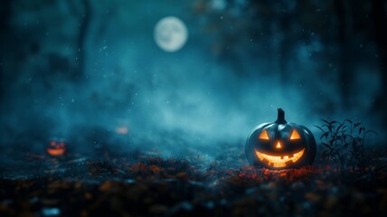 Enchanting Halloween night: A glowing carved pumpkin with a spooky face rests in a dark forest, under a full moon's mystical glow, setting an eerie ambiance.