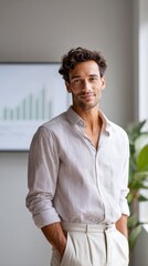 A confident business professional standing after an ESG strategy meeting, representing sustainable leadership, innovation, and corporate planning vision.