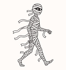 Fototapeta premium Vector black and white mummy character walking, wrapped in bandages, for Halloween or ancient Egypt themes.