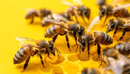Honeybees on honeycomb close-up