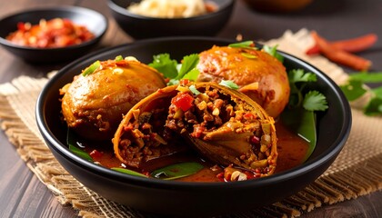 Close-up of three savory stuffed eggs in a dark bowl