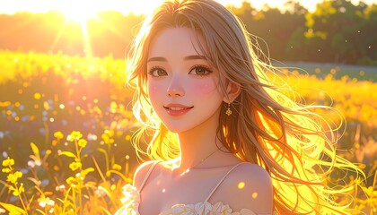 A radiant young woman with golden hair, bathed in warm sunlight, gazes out at a field of vibrant yellow wildflowers.