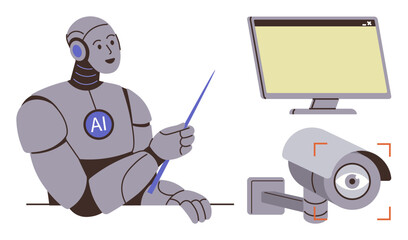 AI robot holding a pointer, blank monitor screen, and surveillance camera. Ideal for artificial intelligence, technology, data analysis, machine learning, automation, cybersecurity innovation