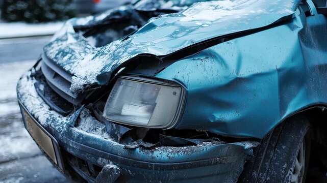 Damaged car after accident crash on icy winter road, close up of broken vehicle front with dented metal hood, smashed headlight and insurance safety concept, transportation problem risk automobile eme