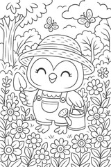 Cute cartoon owl gardener in a flower garden coloring page vector art
