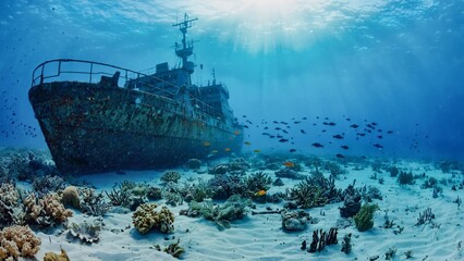 Fototapeta premium Sunbeams filtering through the water highlight a large, rusty shipwreck resting on the sandy seabed, now supporting a vibrant coral reef teeming with colorful schools of fish