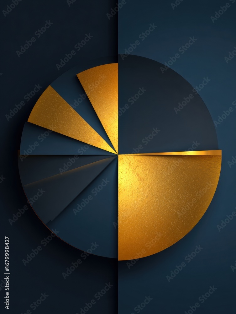 Poster elegant metallic pie chart design showcasing data visualization trends on a minimalist blue backgrou