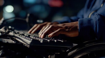 Medium shot of a CART operators hands gliding over a stenotype keyboard emphasizing precision and speed in accessibility services.