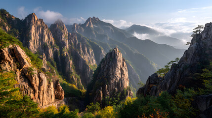 Misty mountain peaks, dramatic rock formations, and lush valleys in a scenic landscape.