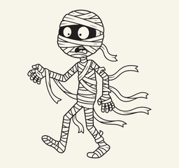 A frightened mummy with wide eyes and a shocked expression stumbles forward