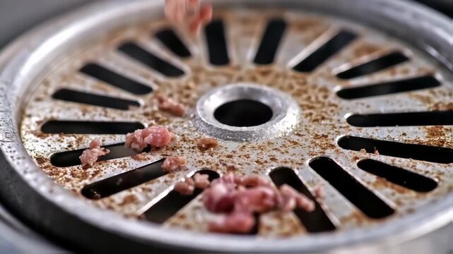 Rusty metal grill with bits of meat