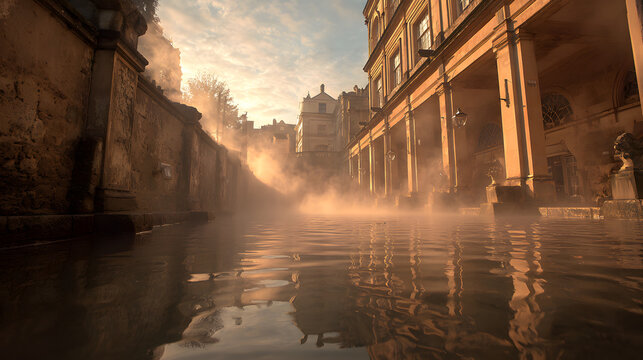 A historical Roman bath with steam rising, reflecting the architecture and light.