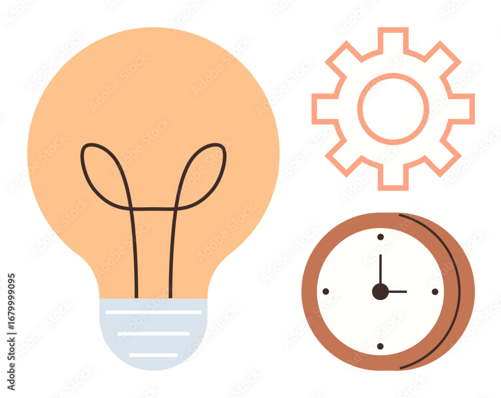 Poster light bulb for innovation, gear symbolizing process, and clock for efficient time use. ideal for cre
