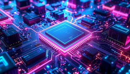 Close-up of a vibrant circuit board with central processor