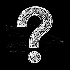 A stylized, textured question mark, drawn in white chalk on a dark background, evokes a sense of mystery and intrigue.