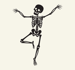 A dark silhouette of a happy skeleton dancing with one leg and arms up