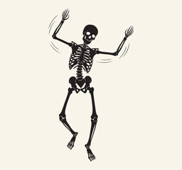 A dark silhouette of a happy skeleton dancing with its arms raised.
