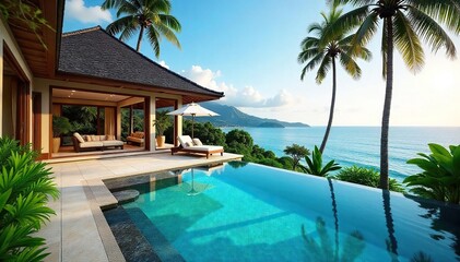 Luxurious villa with private pool, stunning ocean views, and lush tropical landscaping Perfect for a relaxing getaway , sun, paradise
