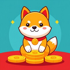 Cute Shiba Inu Dog with Gold Coins Cryptocurrency Concept.