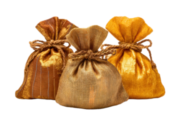 Gold Fabric Offering Bags on Transparent Background