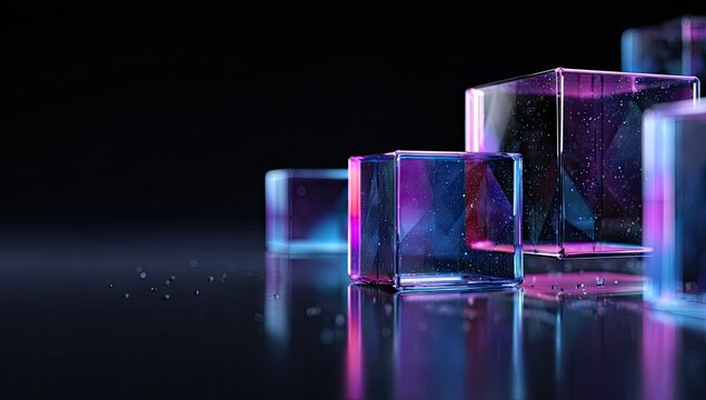 Translucent cubes with vibrant internal geometric patterns reflect on a dark surface