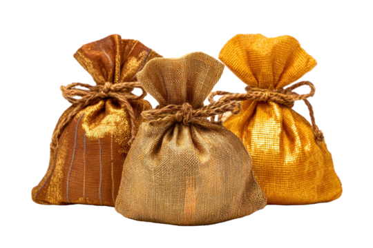 Gold Fabric Offering Bags on Transparent Background