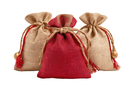 Rustic Burlap Gift Bags Trio on Transparent Background