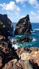 Dramatic coastal scene showcasing volcanic rock formations rising dramatically from the turquoise ocean.