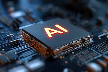 Glowing "AI" on a computer chip, embedded in circuit board