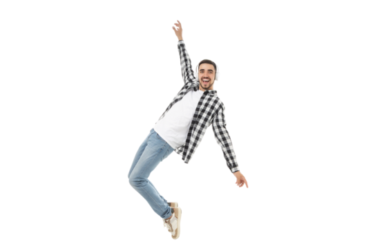 Guy dances joyfully against a white backdrop, isolated, PNG