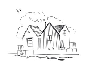 Fantasy sketch of scandinavian village houses - black and white digital sketch on white background	

