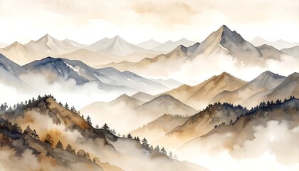 A serene vista of a mountainous landscape, depicted in muted earth tones and wispy clouds, showcasing a tranquil and majestic mountain range.