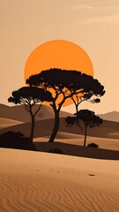 A serene desert landscape, featuring tall, dark trees silhouetted against rolling sand dunes, bathed in the warm light of a large, vibrant orange sun.