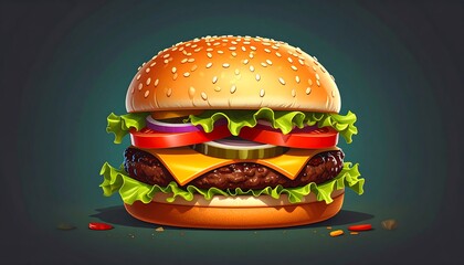A delectable, detailed illustration of a juicy hamburger, highlighting its rich colors and textures.