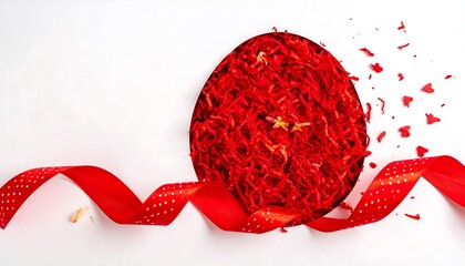 Red confetti and ribbon adorn a circle of shredded paper, creating a festive and celebratory aesthetic.