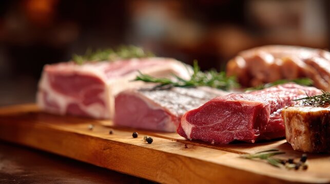 Medium shot of artisanal custom meat cuts on wooden board showcasing handprepared textures with blurred rustic kitchen background for culinary craftsmanship.