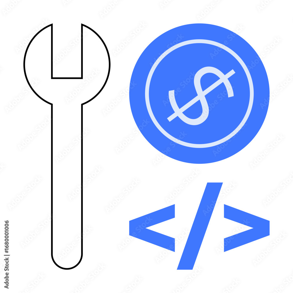 Aufkleber wrench tool, blue dollar coin, and programming code brackets convey finance management, technical su