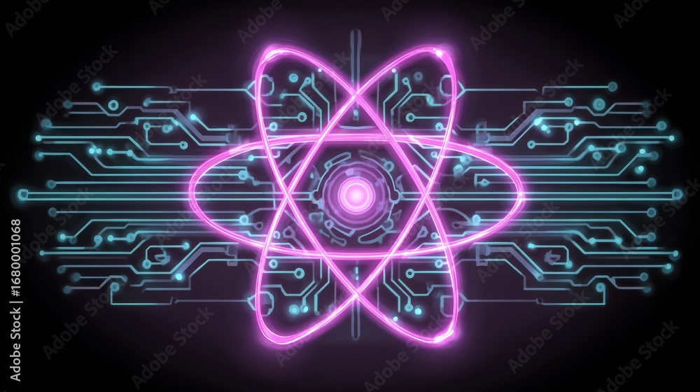 Poster neon atom design with circuit patterns illustrating technology and science themes in a dark backgrou