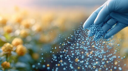 Focused imagery of a researcher applying nanotechnologybased pesticide spray droplets emphasizing precise particle dispersion with a softly blurred crop field in the background.