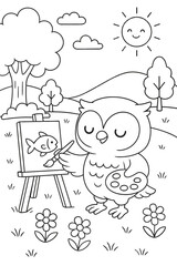 Cute owl painting a fish on canvas in a delightful outdoor scene cartoon