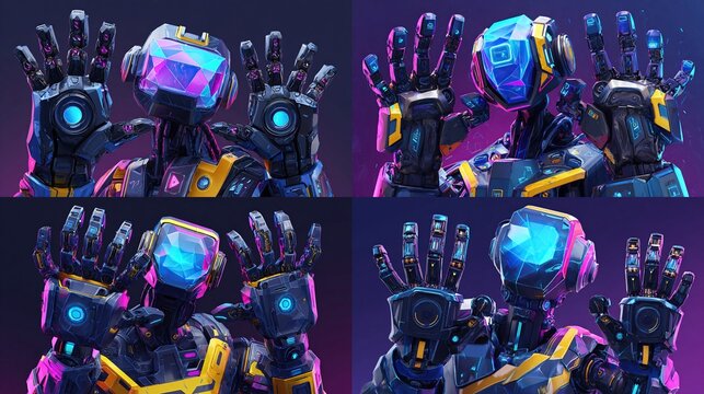 Quad view robot figure displays hand with open palm in futuristic neon setting - Powered by Adobe