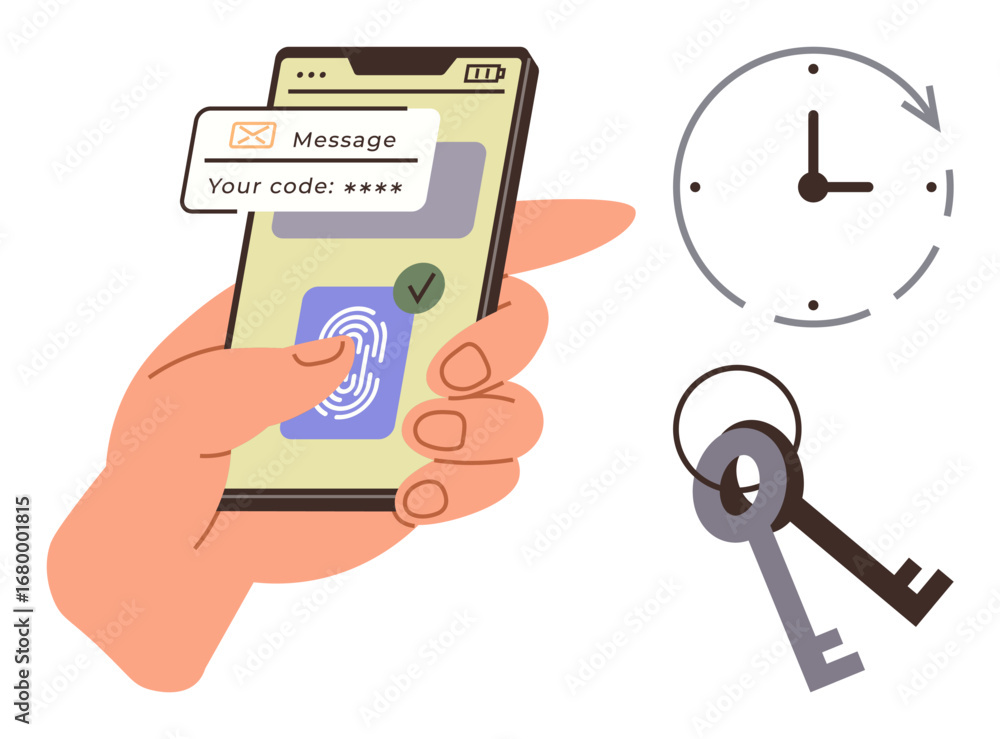 Poster hand holding smartphone with fingerprint scanner and otp, clock symbolizing time-sensitive access, a